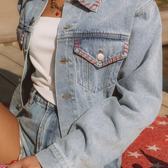 PEACH LOVE ⭐️STAR⭐️ Back Crop Denim Jacket, NWOT, M, Red/Wht/Blue - ADORABLE!! - Picture 2 of 16